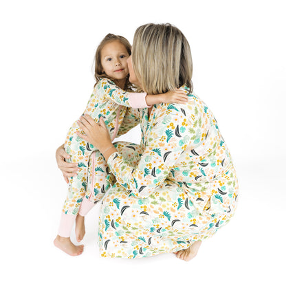 Side view of the Tropical Blooms robe showcasing the deep side pockets and adjustable tie waist.