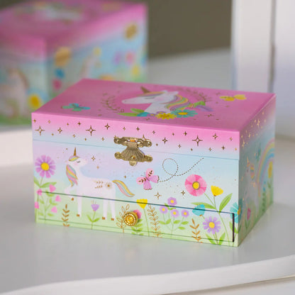a floral unicorn themed jewelry box thats pink, blue, and green and has gold hardware