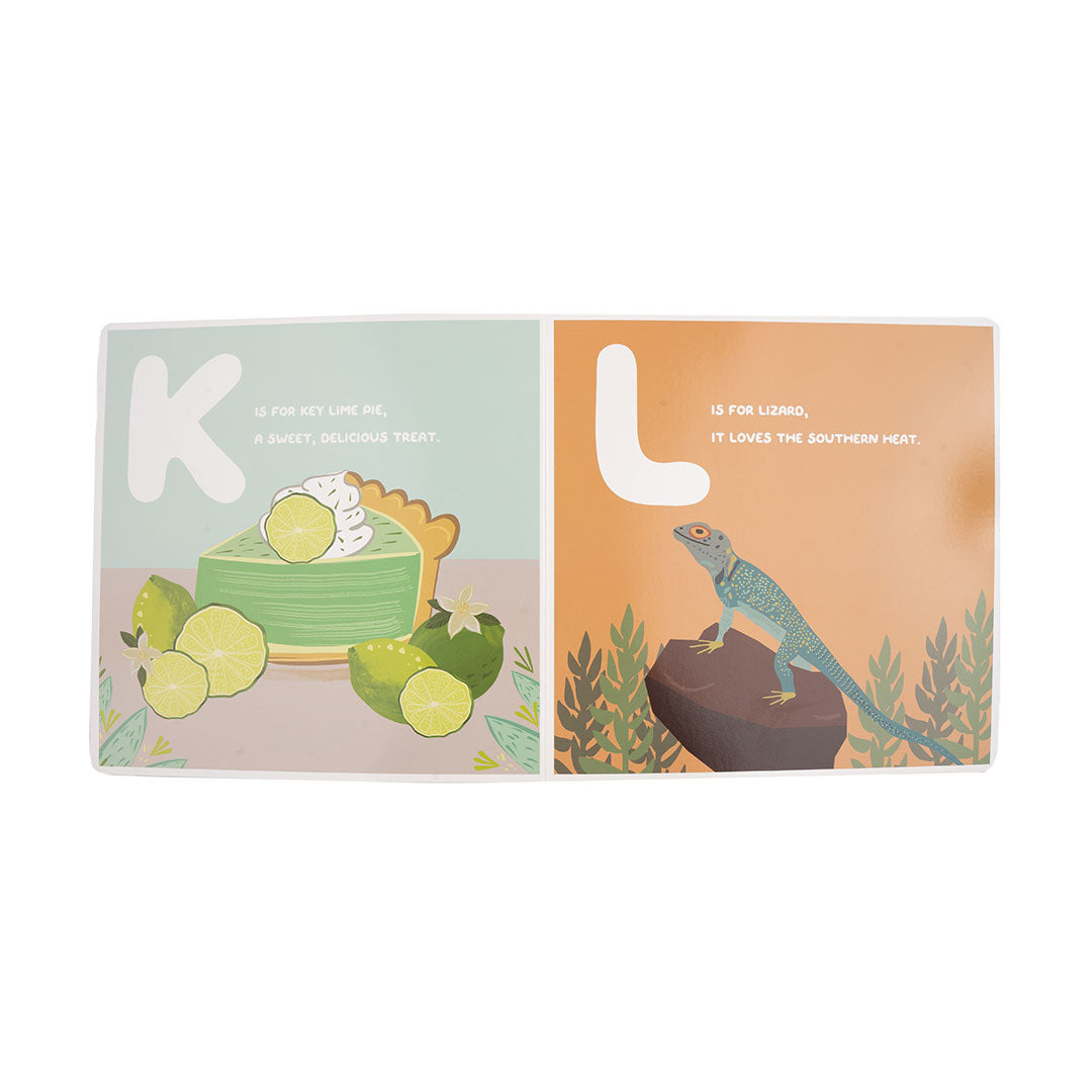 an excerpt from the book "Florida Alphabet" board book. - K is for key lime pie, a sweet delicious treat. L is for lizard, it loves the southern heat.