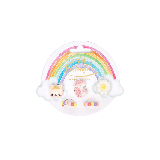 5 piece ring set of a display card that is shaped like a cloud with a rainbow over top. The rings include a kitty wearing a crown, a pink unicorn head, a daisy flower and 2 beaded rainbows