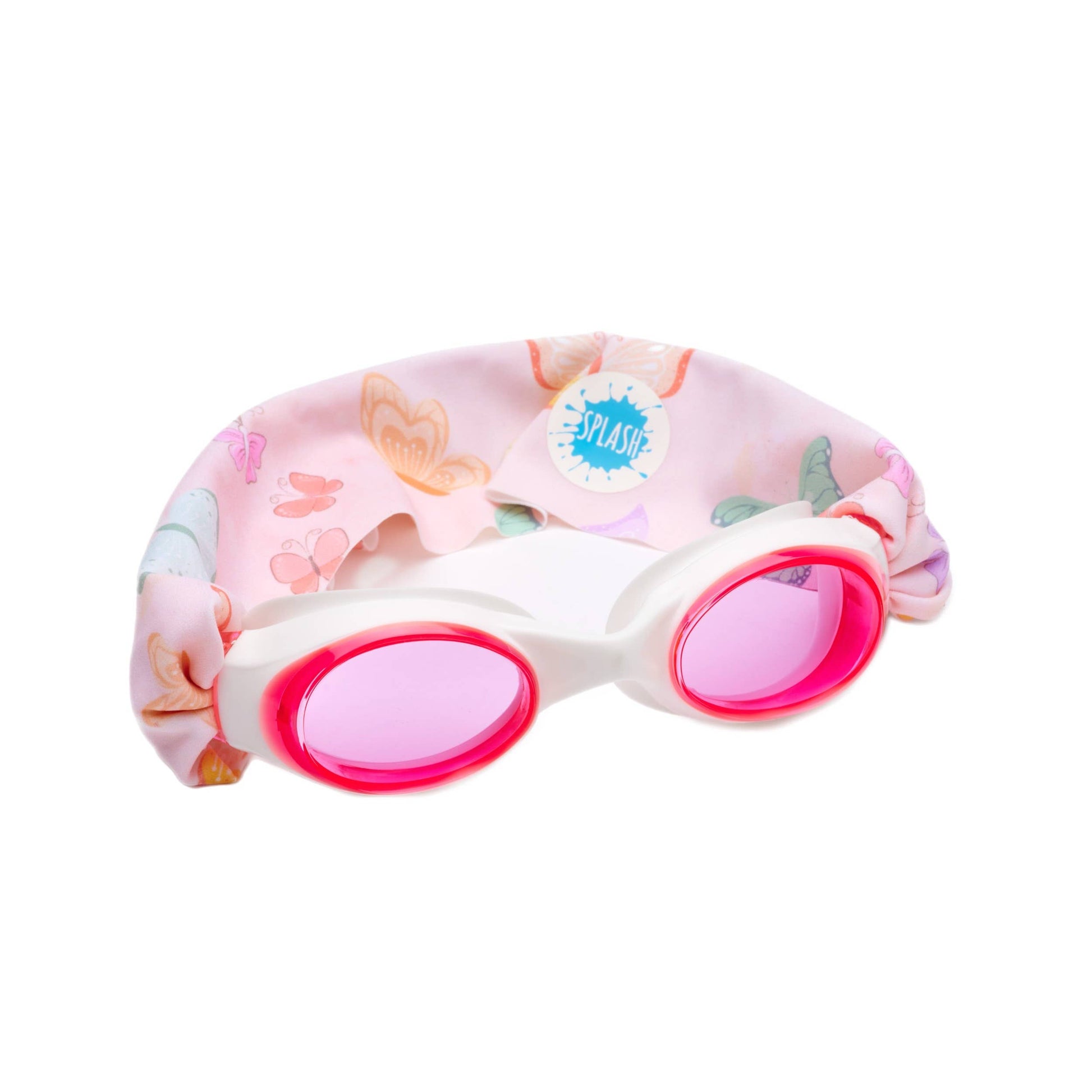 Children's swimming goggles with pink lenses and butterfly headband on a white background • Splash Place flutter swim goggles with butterfly print fabric strap
• No tangle fabric strap swim goggles with pink tinted lenses and white frame