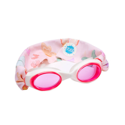 Children's swimming goggles with pink lenses and butterfly headband on a white background • Splash Place flutter swim goggles with butterfly print fabric strap
• No tangle fabric strap swim goggles with pink tinted lenses and white frame