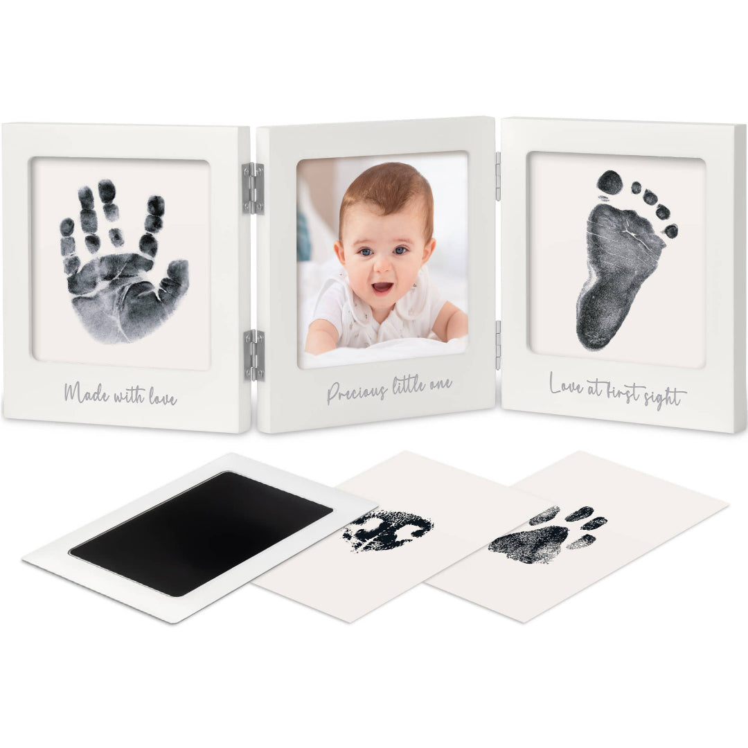 trifold baby picture frame with inkless prints for hands and feet