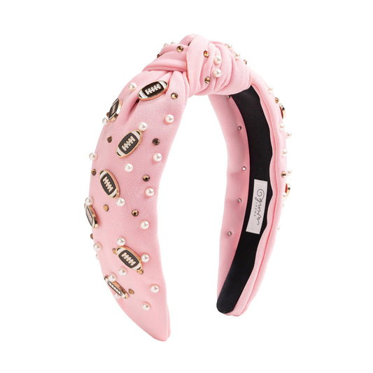 pink headband with pearl beads and footballs