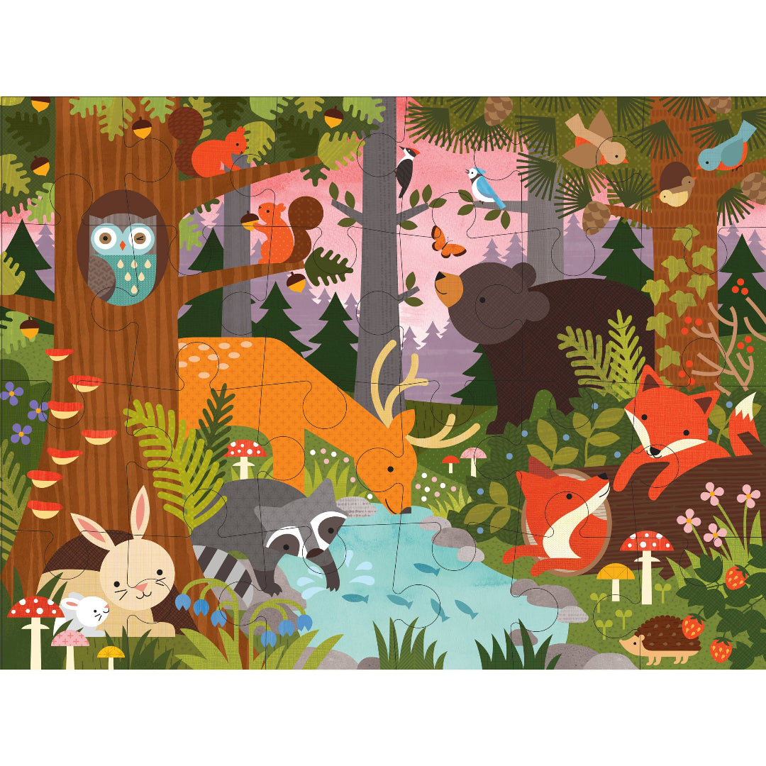 Colorful forest scene with various animals and nature elements on a white background