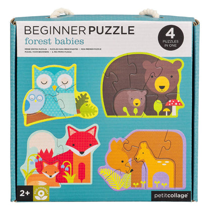 forest babies themed puzzle with 4 puzzles featuring owls, bears, foxes, and deer