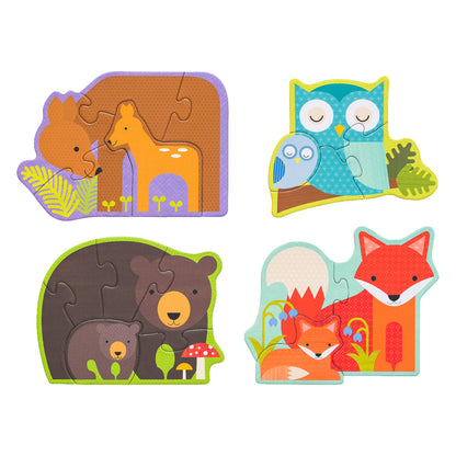forest babies themed puzzle with 4 puzzles featuring owls, bears, foxes, and deer