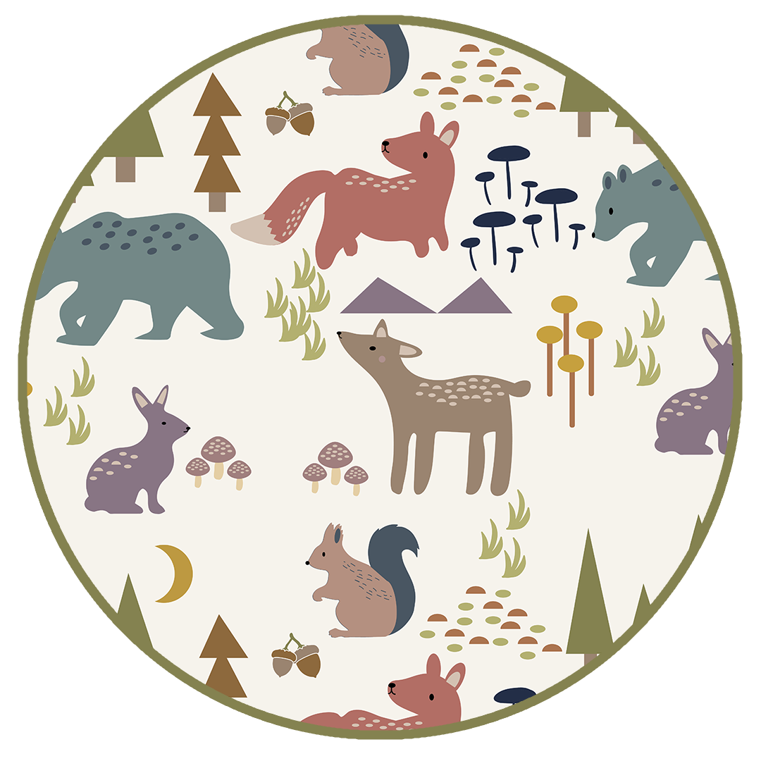 the "forest friends" print has a mix of red foxes, brown deer, blue bears, purple bunnies, trees, grass, mushrooms, acorns, moons, and other colored dots scattered over a white background. 