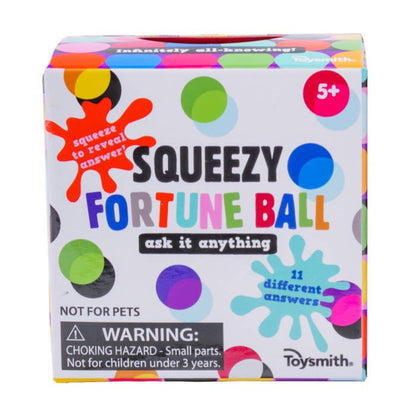 cube shaped box that holds a squeezy fortune ball