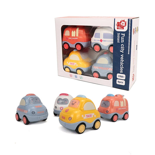 box with 4 toy vehicles including a taxi, police car, ambulance, and fire engine