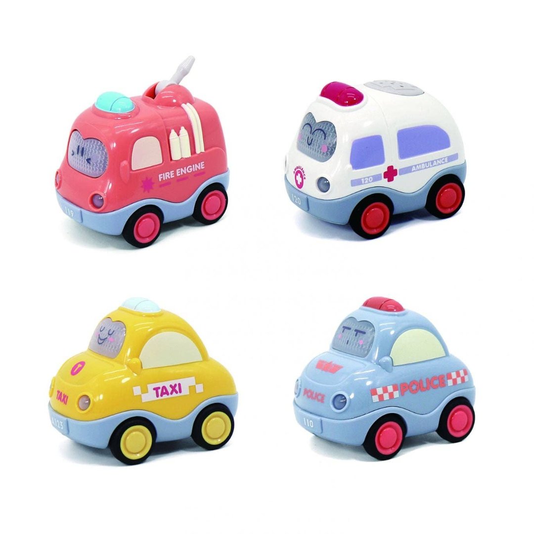 toy vehicles including a fire truck, ambulance, taxi and police car