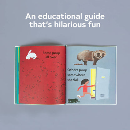 Open book with illustrations and text on a gray background