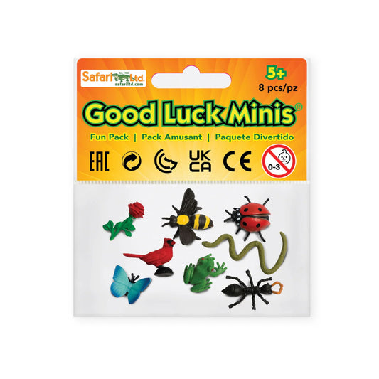 Pack of Good Luck Minis figurines with colorful insects on a white background