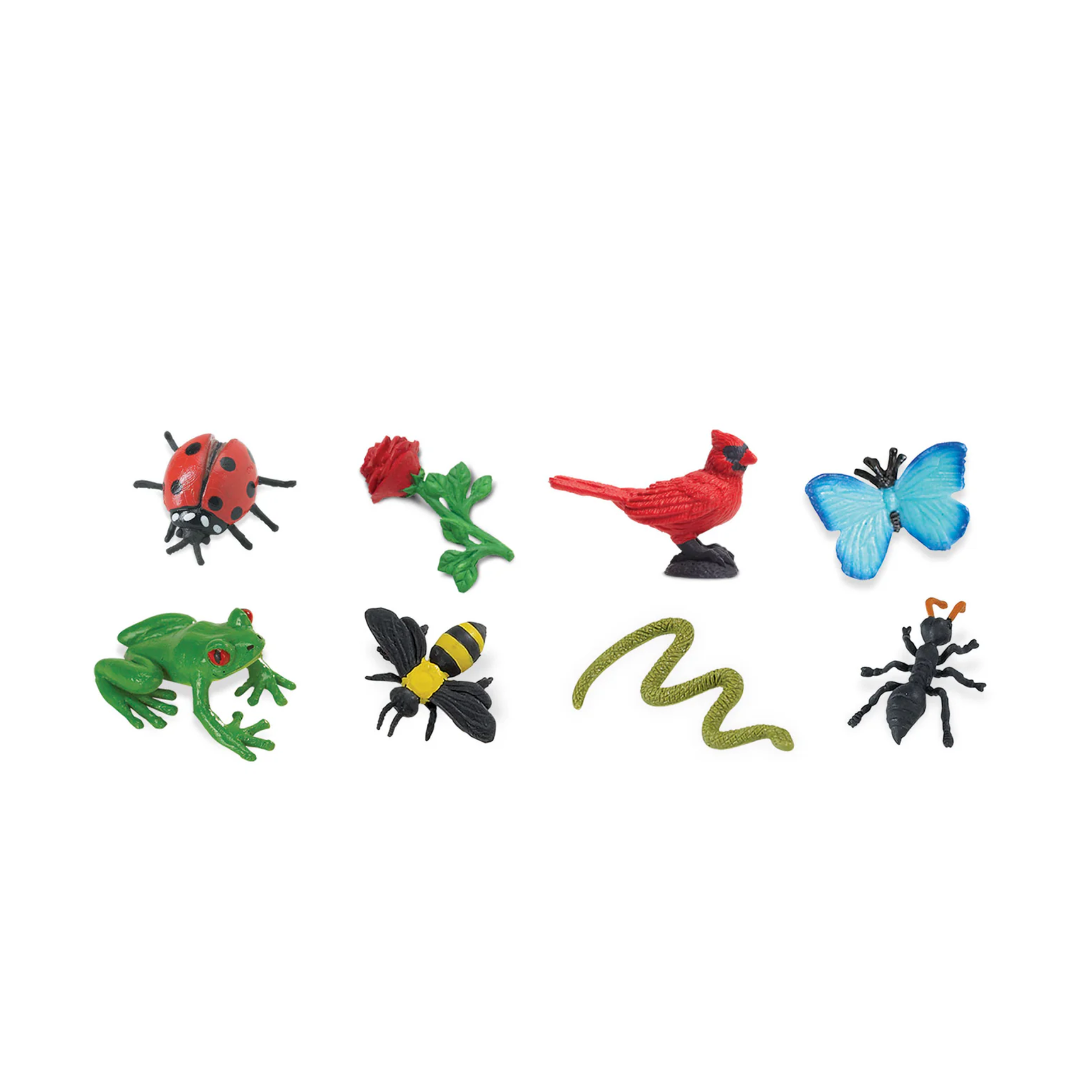 Set of colorful miniature animals and insects on a white background