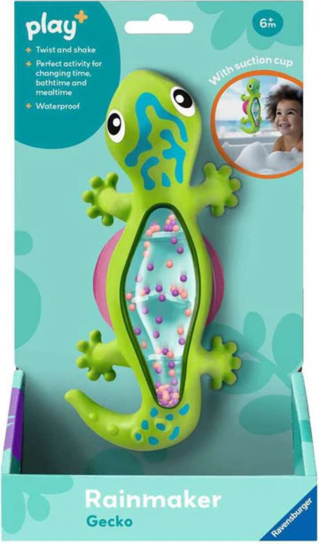Gecko-shaped bath toy with suction cup on packaging