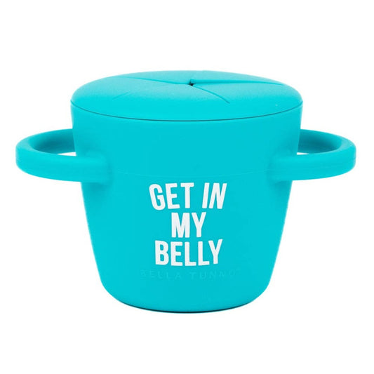 baby blue snack cup that says get in my belly on it