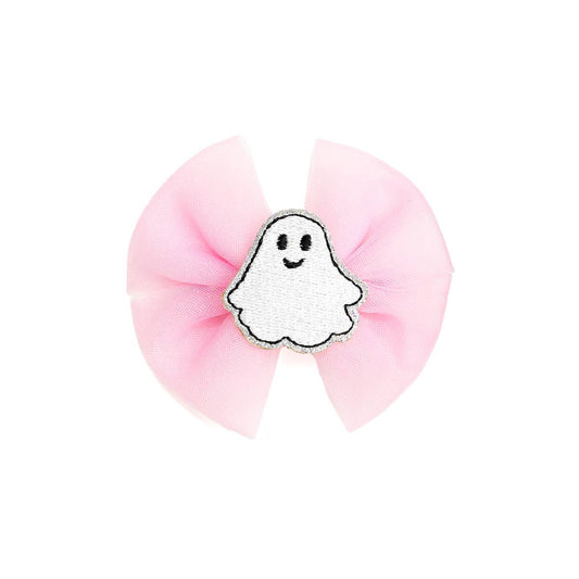 pink hair bow with a white ghost in the middle