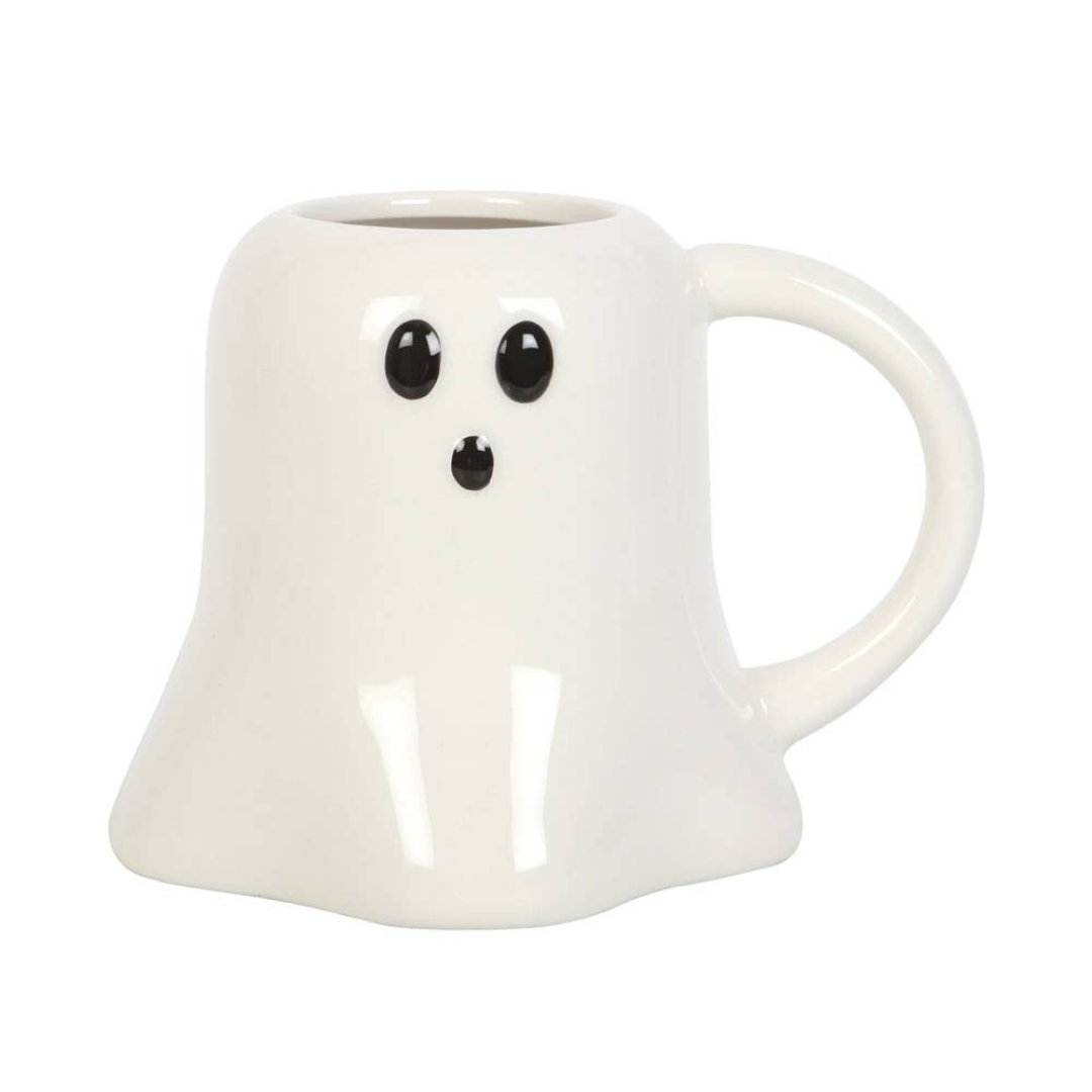 white ceramic mug shaped like a ghost 