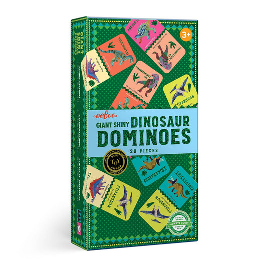 Domino cards with dinosaur images in a green box