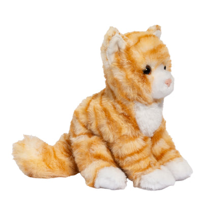 Plush toy cat with orange and white stripes on a white background