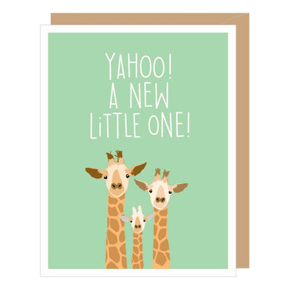 Greeting card with giraffes and text 'Yahoo! A New Little One!' on a green background