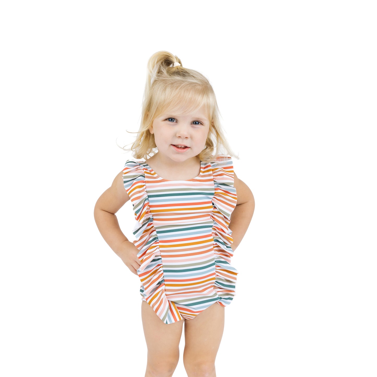 Sunset Stripes Ruffle Front One Piece Girls Swimsuit
