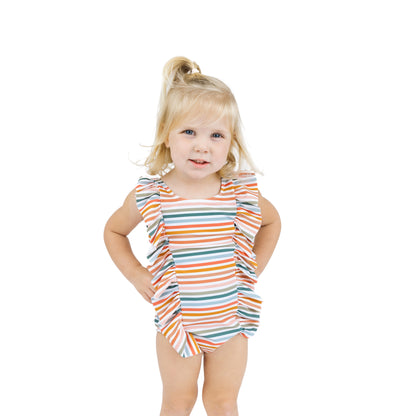 Sunset Stripes Ruffle Front One Piece Girls Swimsuit