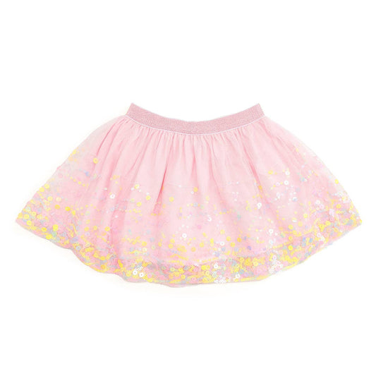 Pink tutu skirt with yellow sequin trim on a white background