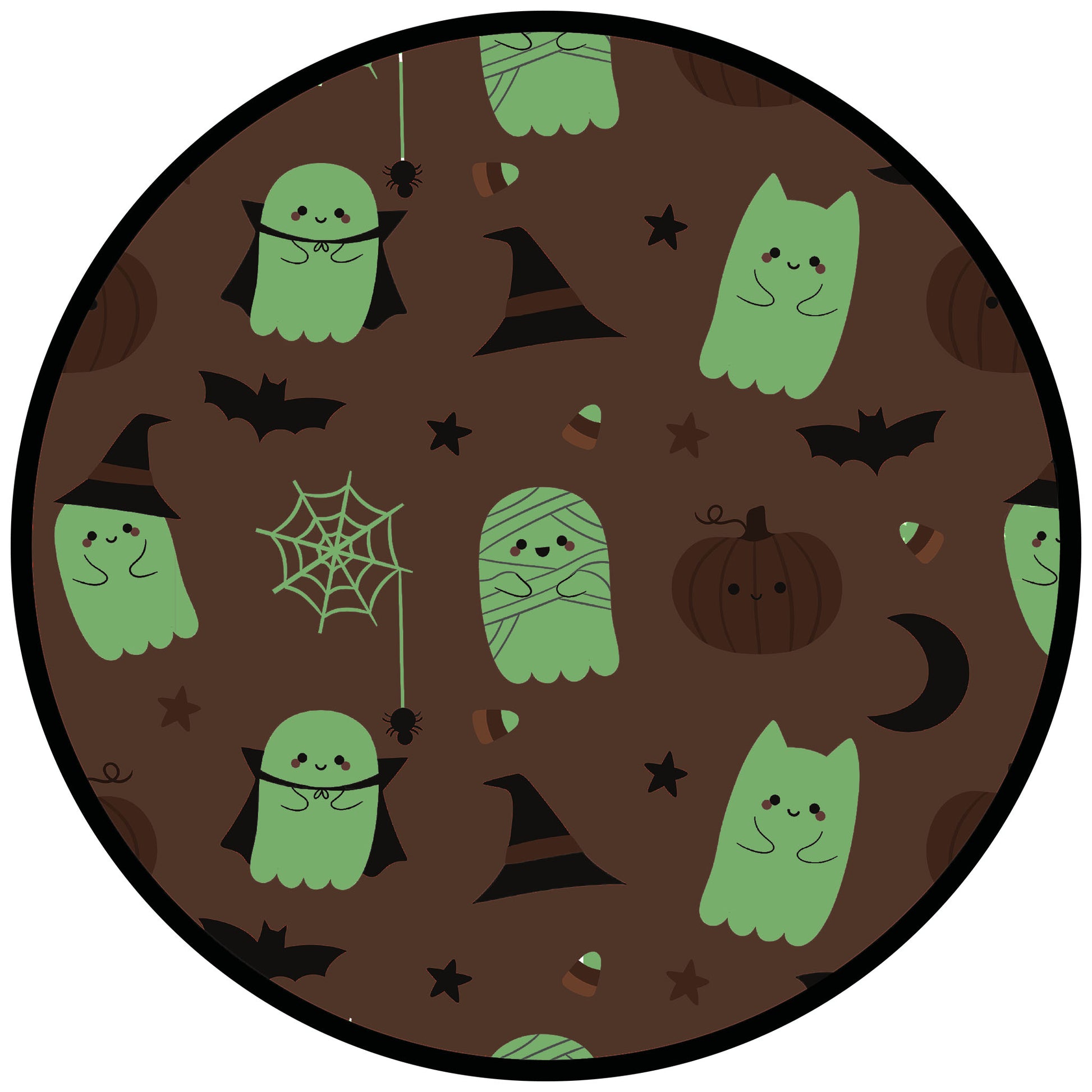 Our Glow in the Dark circle Halloween-themed with ghosts, pumpkins, and bats on a beige background.