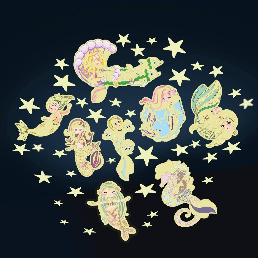 Glow stars and mermaids displayed on black space