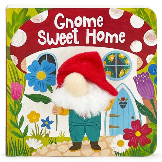 gnome sweet home book cover of the gnome standing in their garden infront of house