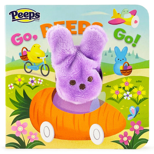 Easter peeps themed book with a green field and a finger puppet peeps bunny driving a car made out of a carrot on the front