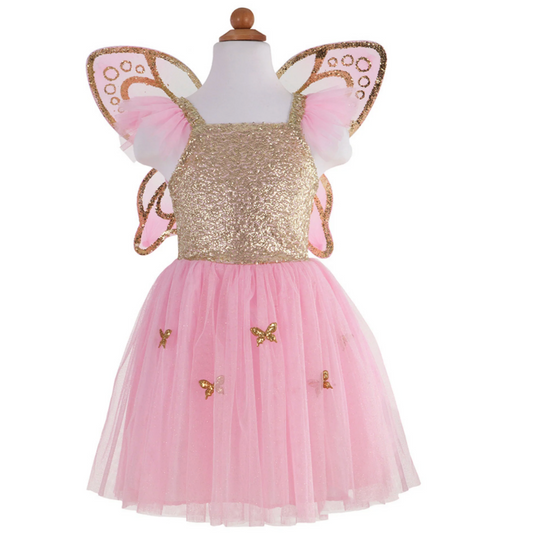 pink and gold butterfly dress with pink and gold wings