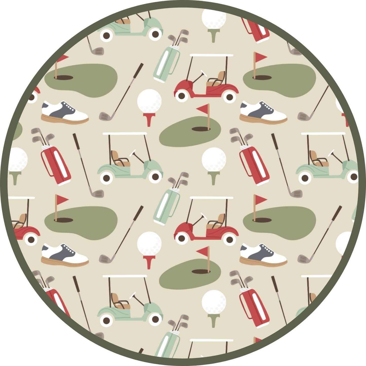 Circular pattern of golf-themed illustrations including golf carts, clubs, and balls on a beige background.