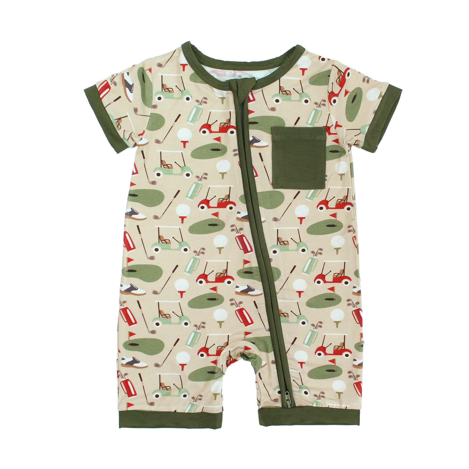 Baby romper with golf-themed pattern on a beige background