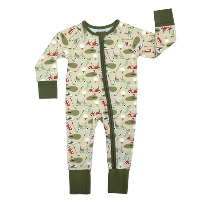 Children's onesie with golf pattern on a white background
