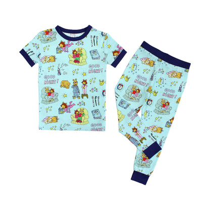 Emerson and Friends Good Night Arthur™ Bamboo Short Sleeve Kids Pajama Set, featuring a cozy bedtime-themed print with Arthur and friends, made from ultra-soft bamboo fabric with navy trim for breathable comfort and all-night relaxation.