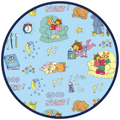 Emerson and Friends Good Night Arthur™ Print, featuring a charming bedtime-themed design with Arthur and friends reading books, cuddling plush toys, and getting ready for sleep, set against a soft blue background with stars and moons.