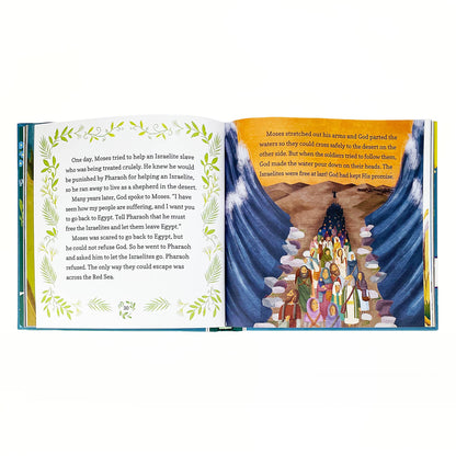 Open book with illustrated pages on a white background