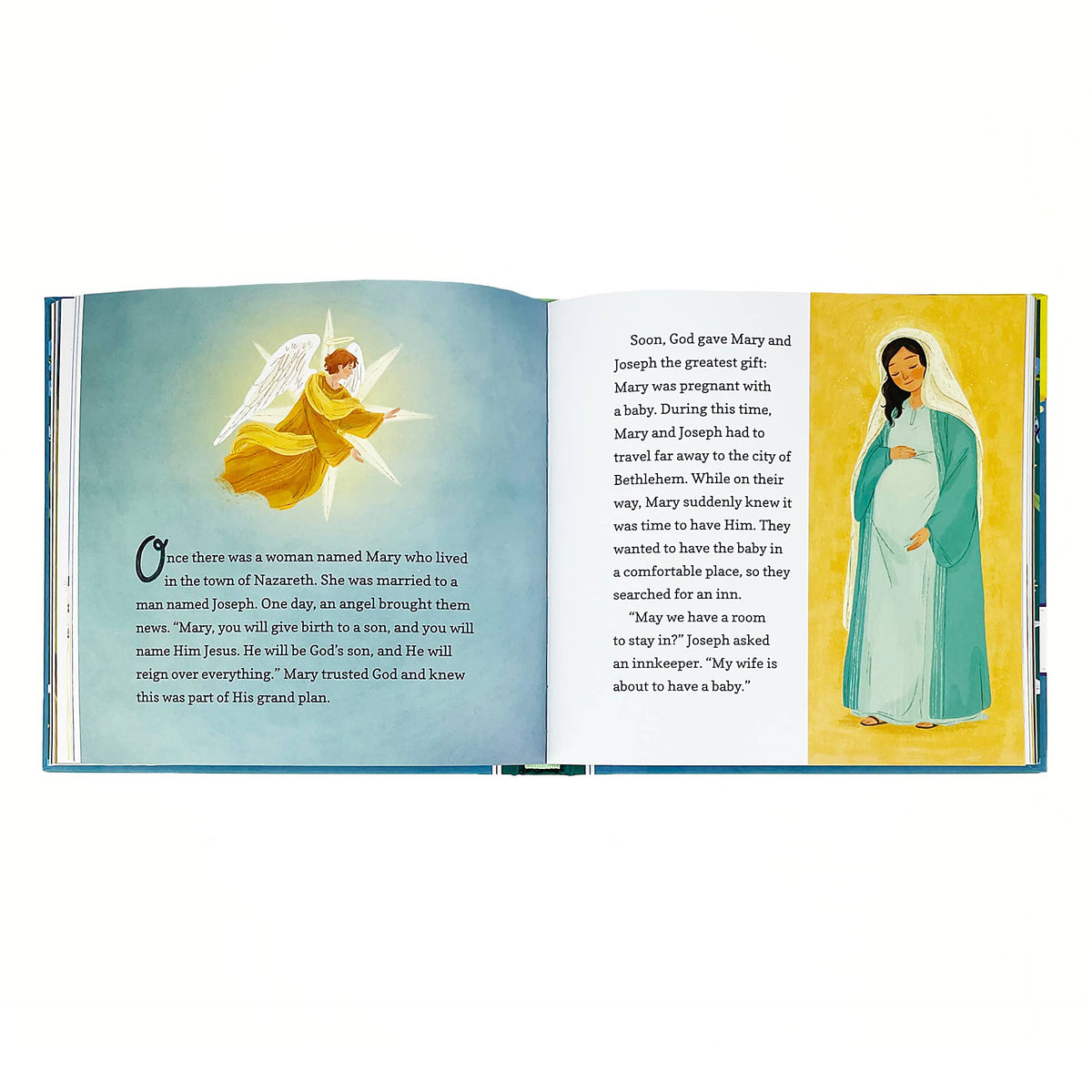 Open book with illustrations of an angel and a pregnant woman, accompanied by text.