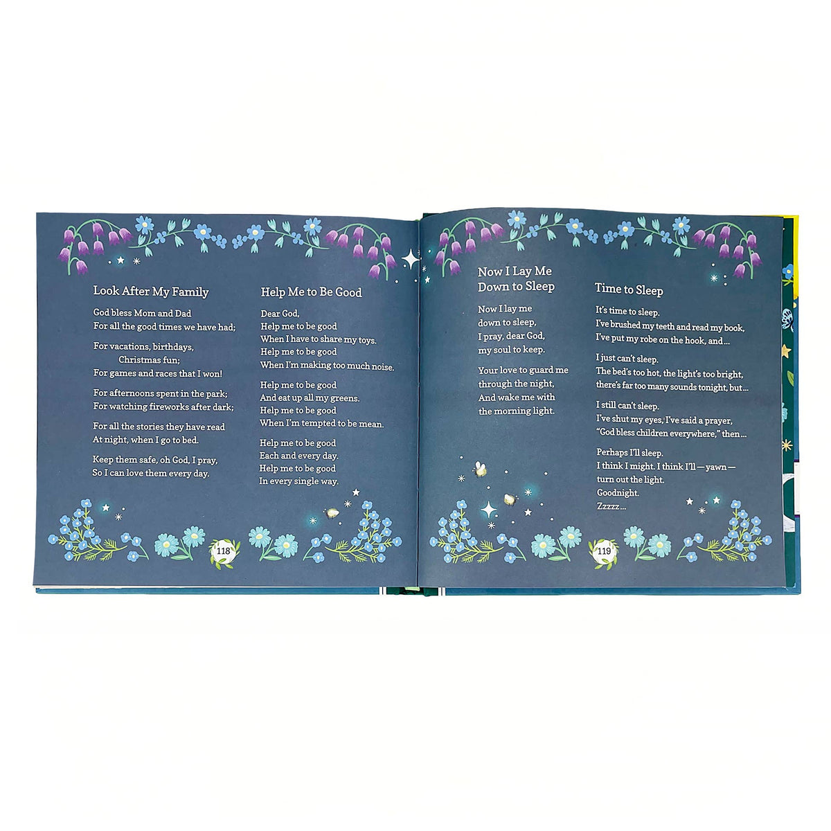 Open book with prayers and poems on a white background