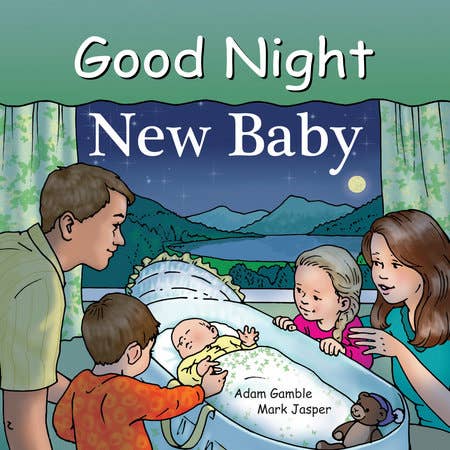 Book cover of 'Good Night New Baby' with parents and children around a crib.