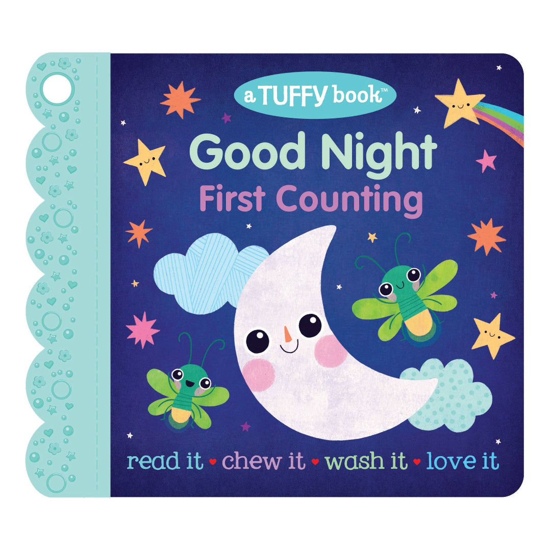 baby book with indestructible pages and a teether all along the side of the book