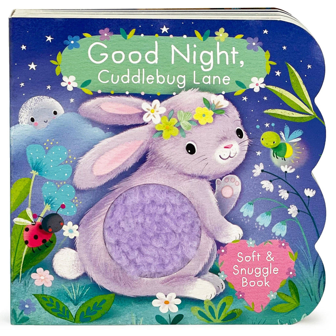 blue board book with a purple bunny on the front that has a fuzzy patch for kids to touch