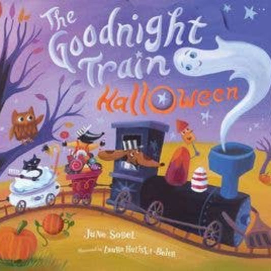 a halloween book with a train on the cover and ghosts, cats, owls, and pumpkins