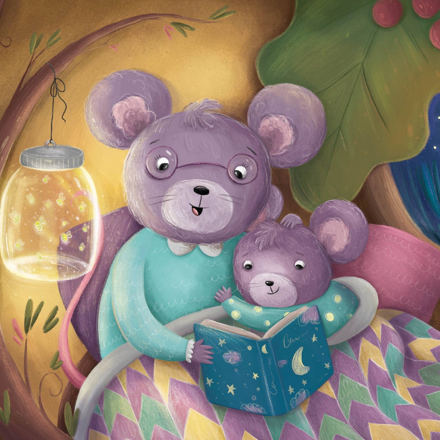 Illustration of two purple mice reading a book together with a window view of a starry night.