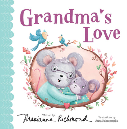 Book cover of 'Grandma's Love' with illustrations of a mouse and baby mouse, birds, and flowers.