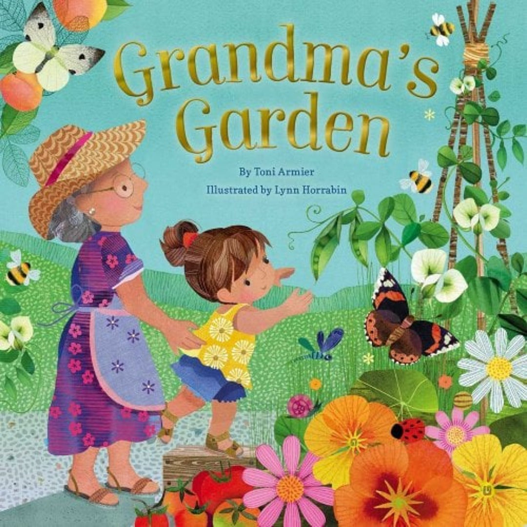 Multi-colored book with a grandmother and granddaughter looking at a garden full of insects and plants