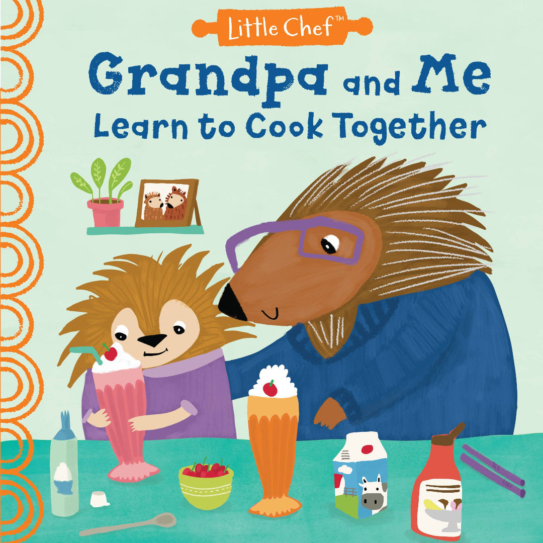 a grandfather hedgehog and a grandchild making milkshakes together at the kitchen counter