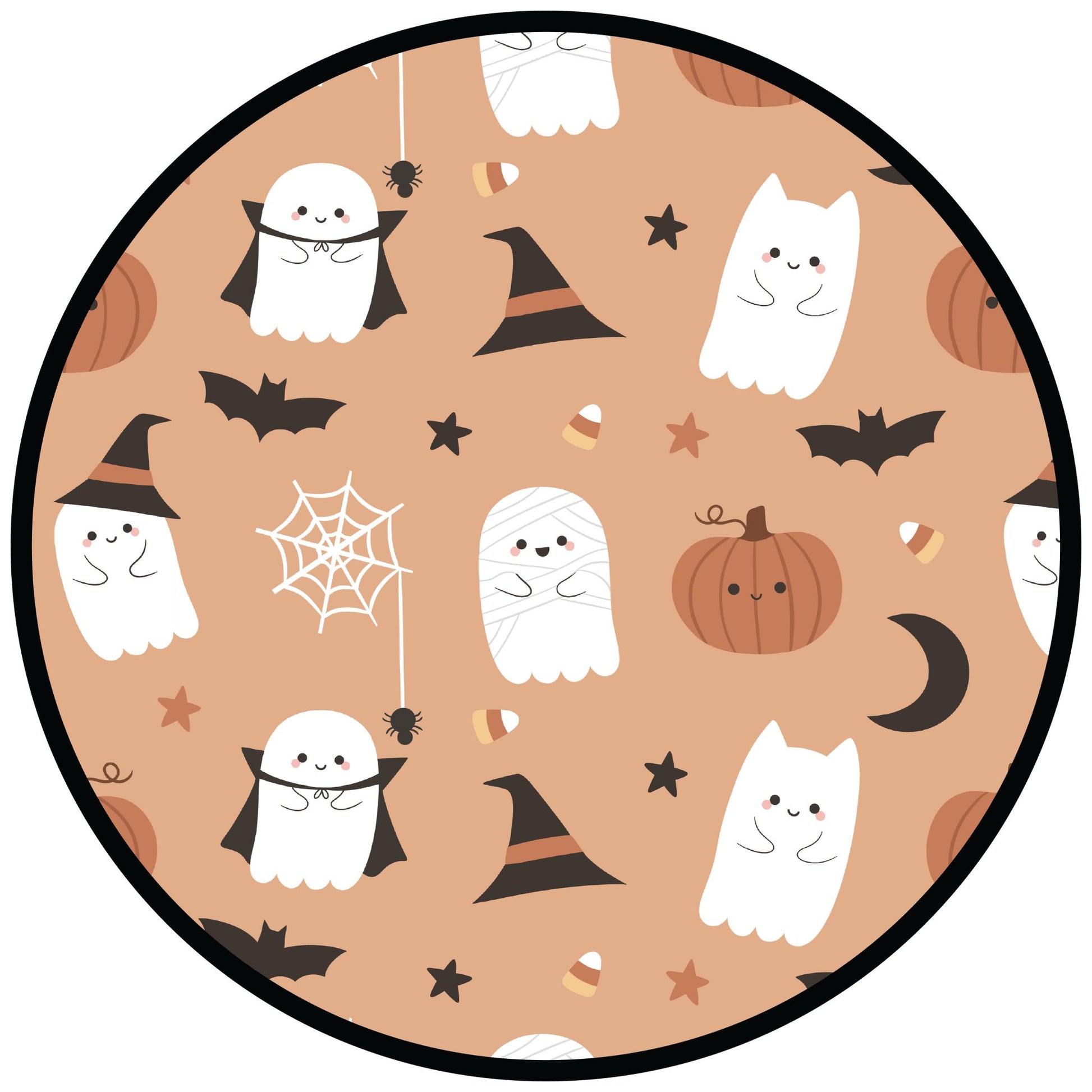Round Halloween-themed with ghosts, pumpkins, and bats on a beige background.
